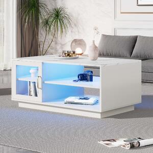 Tavolino da Salotto Moderno LED Luminoso con Telecomando, Superficie Lucida e Comparto Contenitore, 90x50x43 cm, Bianco