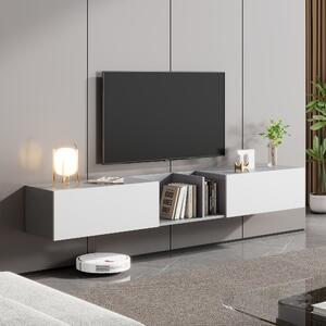 Mobiletto Porta TV Sospeso Extra-Large con 2 Ante e 2 Ripiani Aperti, Sistema Push-to-Open, Supporta TV fino a 90 Pollici, 220x35x30 cm, Bianco