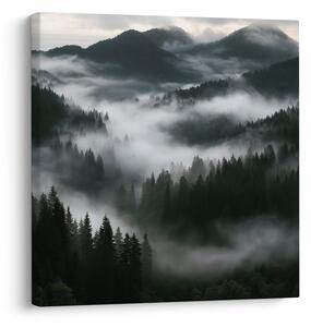 Quadro su tela – Montagne scure sopra la nebbia del bosco
