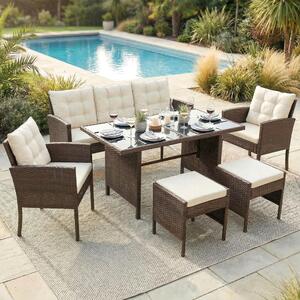 Set di mobili da giardino in polyrattan Tavolo da pranzo Lounge Set di sedute Set da giardino 1x tavolo + 2x sedie + 1x panca + 2x sgabelli - marrone