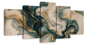 Quadri 5 pezzi – Onde marmoree turchesi con oro