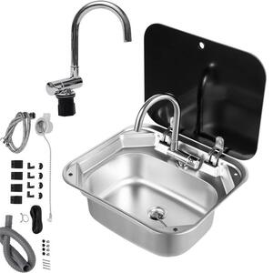 Lavello per camper - SC001 - 50×43×21 cm - Acciaio inossidabile 304 - Coperchio in vetro temperato - Rubinetto miscelatore caldo/freddo ribaltabile - Per camper/furgoni