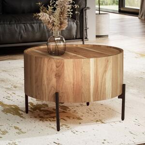 WOHNLING Tavolino da salotto in legno massello di acacia 60x60x41 cm, rotondo con struttura in metallo, tavolino da divano moderno, tavolino da salotto, tavolino da caffè, marrone / nero