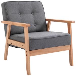 Poltrona Stile Nordico Retrò in Legno con Rivestimento in Lino Grigio Chiaro