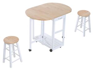 Set Tavolo Pieghevole e 2 Sgabelli Salvaspazio in Legno di Pino e MDF Bianco