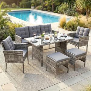 Set di mobili da giardino in polyrattan Tavolo da pranzo Lounge Set di sedute Set da giardino 1x tavolo + 2x sedie + 1x panca + 2x sgabelli - grigio