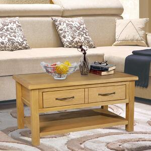 Tavolino Basso Rustico con Cassetti in Legno Naturale 88x53x45 cm