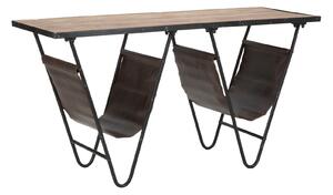 Tavolinetto Porta Giornali "V" 120x43x62,5 cm in Ferro e Legno di Abete e PU Nero e Marrone