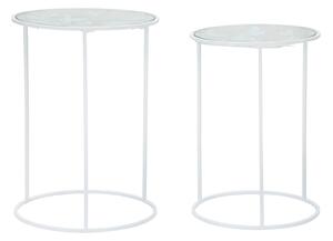 Tavolinetti Bianco Heart Coppia Ø43x60-38x55 cm in Ferro e Vetro Bianco e Oro