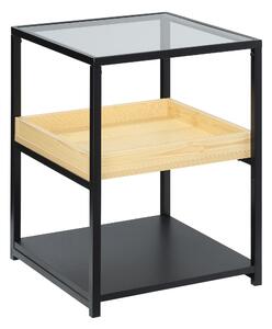 Tavolino da Caffè 3 Ripiani 40x40x55 cm in Acciaio Legno e Vetro Nero