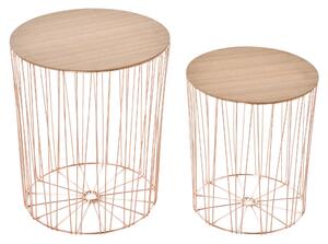 Set 2 Tavolini Contenitori Ripiano Rimovibile in Metallo e MDF Oro Rosa e Legno
