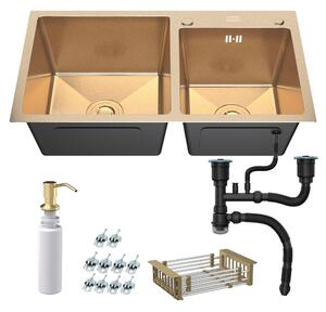 ANW HOME Lavello da cucina, lavello in acciaio inossidabile 78x43 cm, lavello da incasso senza sgocciolatoio, 2 vasche, finitura PVD dorata con rivestimento nano, spessore 3,0+1 mm