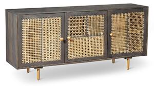 Madia 3 Ante 160x38x75 cm in Legno di Mango Grigio Scuro e Rattan