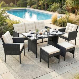 Set di mobili da giardino in polyrattan Tavolo da pranzo Lounge Set di sedute Set da giardino 1x tavolo + 2x sedie + 1x panca + 2x sgabelli - nero