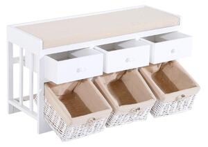 Panca Contenitore in Legno con Cassetti e Ceste in Vimini Bianco 98x34x52 cm