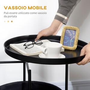 HOMCOM Tavolino da Caffè Rotondo in Acciaio con Ripiano Rimovibile e Cestino in Tessuto, Tavolino Moderno Nero Φ46x48cm