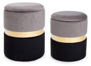 Set 2 Pouf Contenitore Polina Grigio-Nero in Tessuto effetto Velluto