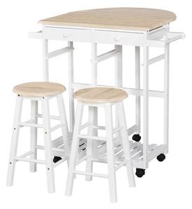 Carrello da Cucina Pieghevole con 2 Sgabelli in MDF Bianco
