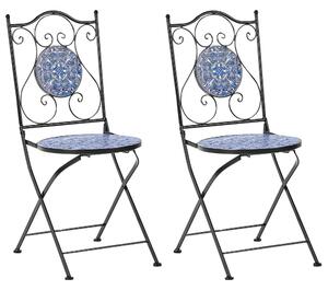 Set di 2 sedie da esterno in metallo con motivo a mosaico blu e struttura in ferro pieghevole nero stile vintage Beliani
