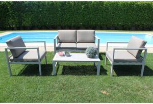 Set Salotto da Giardino Divano 2 Poltrone e Tavolino con Cuscini in Alluminio Tortora