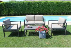 Set Salotto da Giardino Divano 2 Poltrone e Tavolino con Cuscini in Alluminio Taupe