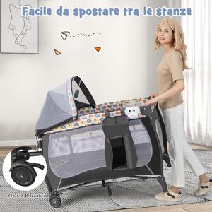 Costway Lettino da viaggio con fasciatoio cappotina zanzariera carillon, Culla neonato pieghevole con ruote borsa Colorato