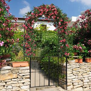 Costway Arco da giardino con cancello altezza 230cm, Arco in metallo per piante rampicanti per matrimoni feste Nero
