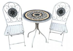 Set Tavolino + 2 Sedie con Mosaico in Metallo Bianco Antico