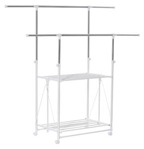 Appendiabiti Estensibile con 2 Ripiani Ruote e Altezza Regolabile in Acciaio 88-157x50x95-160 cm Bianco