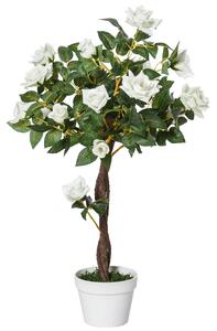 Alberello Camelia Artificiale con 21 Fiori H90 cm con Vaso Bianco e Verde