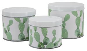 Cofanetti in Latta Cactus Set 3 Pz Ø15x13,5-14x11,5-12,5x10 cm in Ferro Bianco, Verde