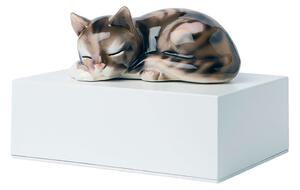 Urna Cineraria in Legno con Miniatura in Ceramica Gatto 10x20x15cm GMF Bianco