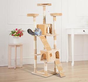 Albero Tiragraffi per Gatti con Due Cucce in Peluche e Sisal Crema 50x50x170 cm