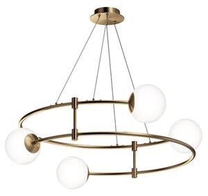 Lampadario Minimal Balance In Metallo Oro 4 Luci E Diffusori Sferici Bianchi