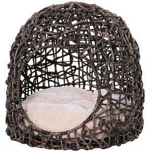 Cuccia in PVC Effetto Vimini per Gatti Ø49x46 cm con Cuscino Marrone