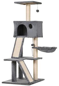 Tiragraffi con Cuccia e Cestino sospeso per Gatti 60x49x130 cm in Peluche Sisal Grigio