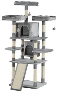 Tiragraffi con 2 Cucce e 2 Casette per Gatti 60x50x168 cm in Peluche Sisal Grigio