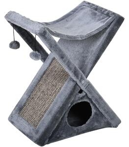 Tiragraffi per Gatti Pieghevole 54,5x32x65 cm con Casetta in Peluche Grigio
