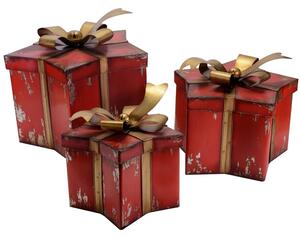 Set 3 Scatole Natalizie in Metallo 32x31x34cm Stella Rosso e Oro