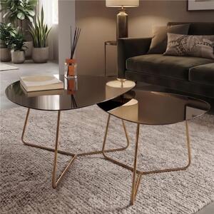 Coppia Tavolinetti da salotto forma ovoidale GAMBE ORO BIG e SMALL MOD.STONE dimensioni 66x72xh51 cm - 54x48x h46 cm Bronzo A Specchio Brunito, in tinta bronzo metallizzato