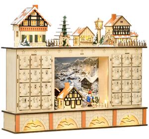 Calendario dell'Avvento 44x10x37 cm 24 Cassetti con Villaggio di Natale e Luci in Legno