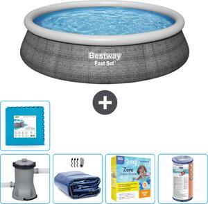 Piscina gonfiabile rotonda Bestway a presa rapida - stampa rattan - 457 x 84 cm - pompa inclusa - tenda da sole - pacchetto manutenzione - filtro - pavimento in piastrelle