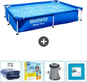 Piscina Bestway Steel Pro rettangolare - 221 x 150 x 43 cm - blu - include tenda da sole - pacchetto manutenzione - pompa - pavimento in piastrelle