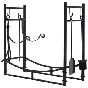 Portalegna per Camino 84x33x76 cm con Accessori in Metallo Nero