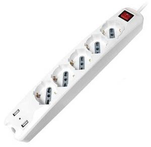 V-TAC Multipresa ciabatta 5 posti bipasso/schuko presa tedesca 10/16A + 2 prese USB cavo 1,5mt interruttore luminoso - sku 8715