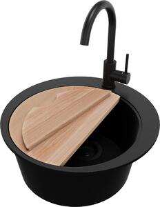 Lavello in granito PRIMAGRAN, modello "Alles Schwarz" 50x50 cm, lavello rotondo a vasca singola + set di scarico + set di accessori da cucina, lavello da cucina per mobili base da 45 cm - Pisa