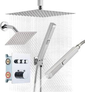 Set sistema doccia - Doccia a pioggia - Soffione da 30 cm - Soffione da parete da 15 cm - Doccetta 2 in 1 - 3 tipi di getto - Valvola termostatica in ottone - Girevole - Cromo