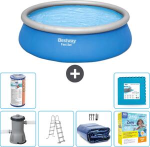 Piscina gonfiabile rotonda Bestway a presa rapida - 457 x 122 cm - blu - pompa inclusa - scaletta - tenda da sole - pacchetto manutenzione - filtro - pavimento in piastrelle