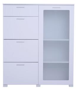 Mobiletto Cassettiera 4 Cassetti 3 Ripiani in Legno e Vetro Temperato Bianco 100x40x116.5 cm