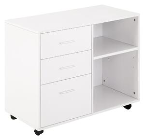 Mobile 3 Cassetti 2 Ripiani 80x40x65 cm con Ruote in Truciolare Bianco